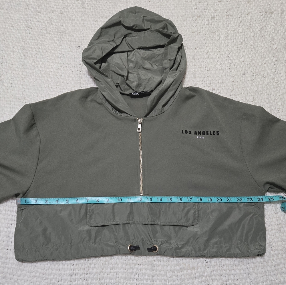 ZARA Olive Green Los Angeles Hoodie Half Zip Cropped Pullover Size Large - Picture 11 of 16